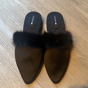 NWT Birdies Black Satin Fur-Trimmed Slippers